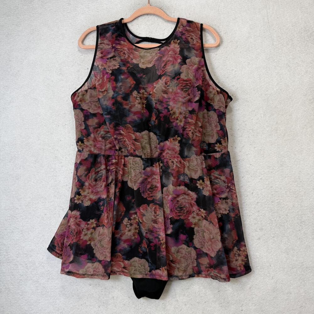 Torrid Swimdress Womens 4 Black Floral Mesh Tank One Piece D/DD Cup Skirted